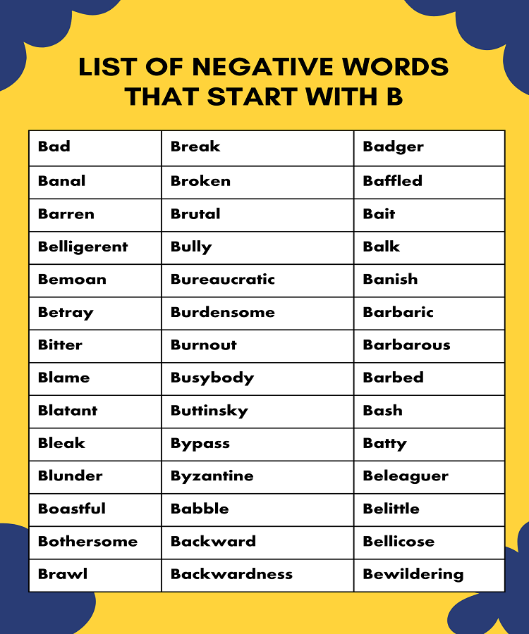 list of negative words that start with B