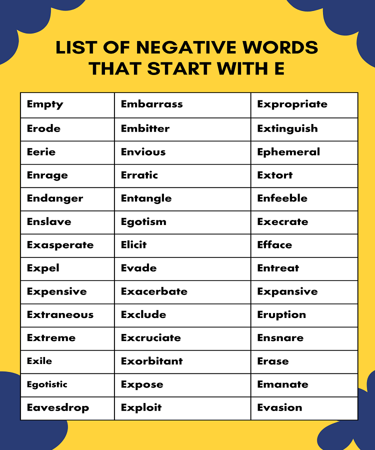 list of negative words that start with E