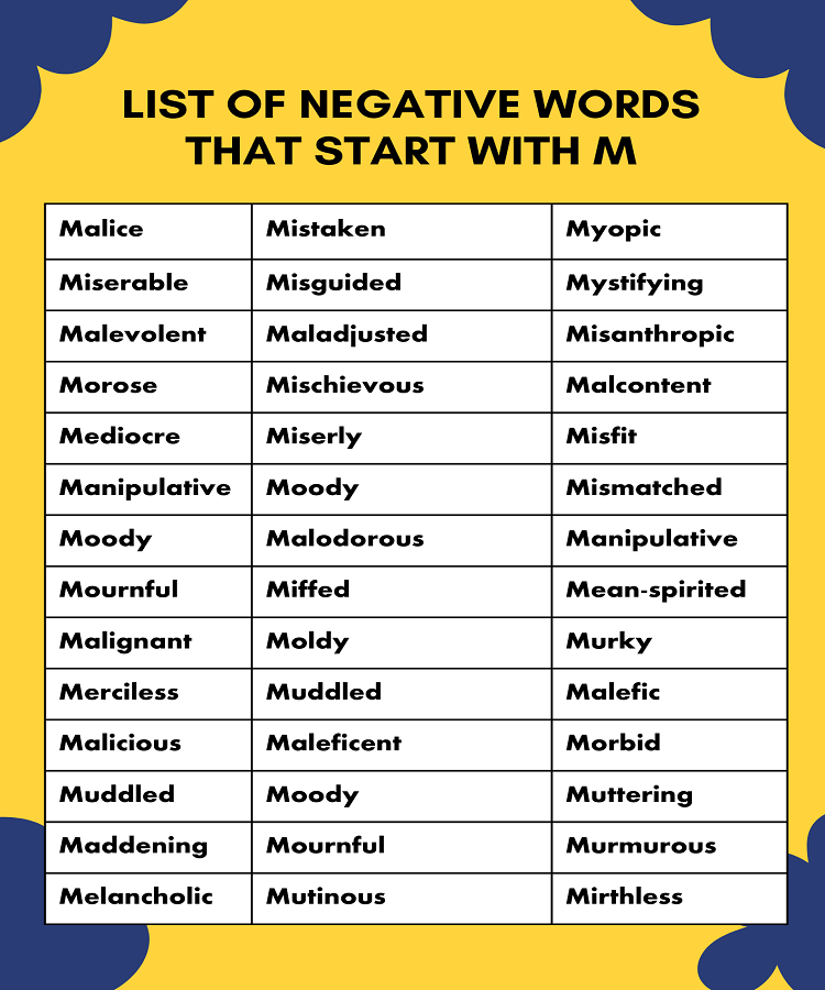 list of negative words that start with M